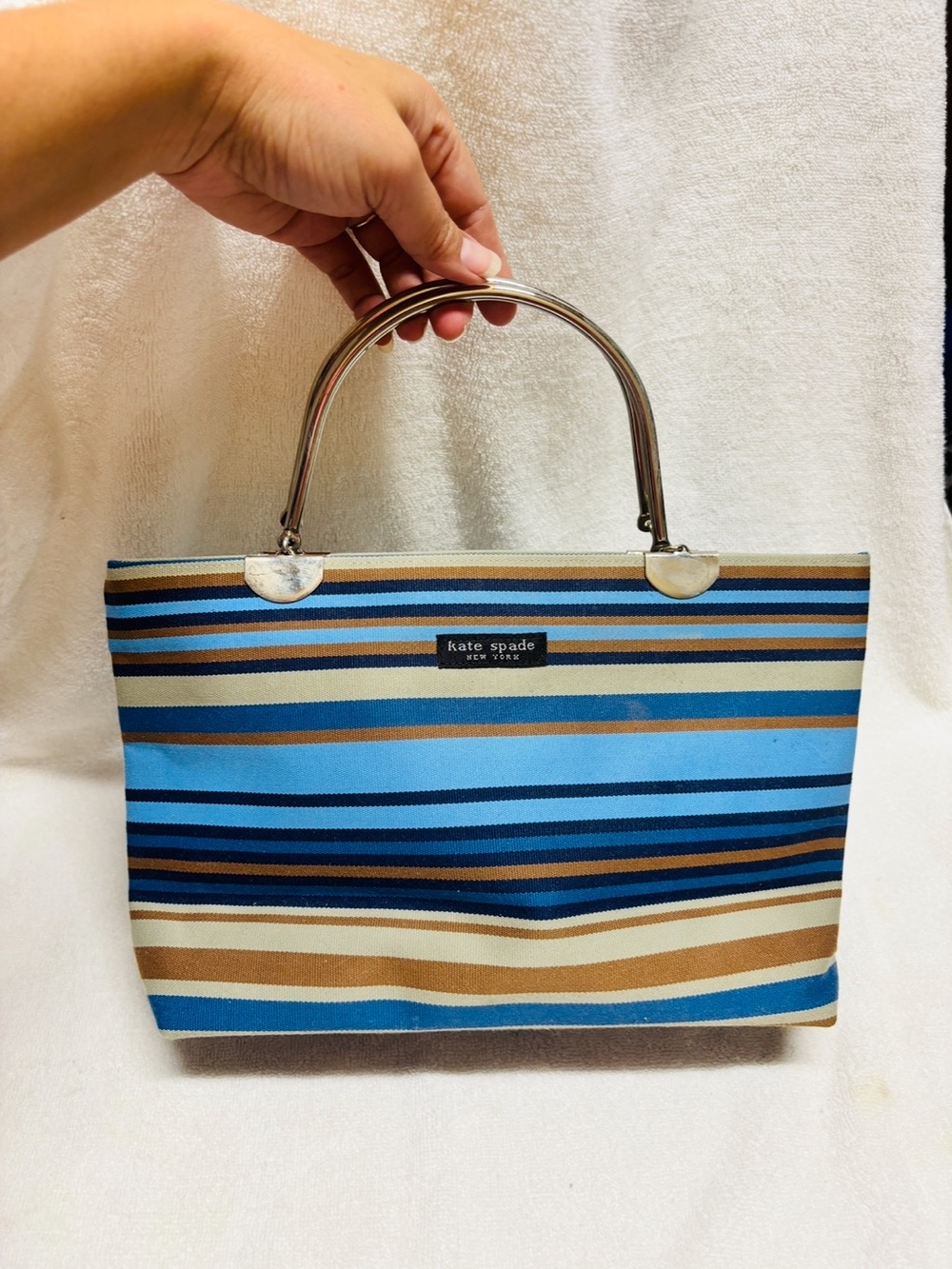 Kate Spade blue striped tote with silver handles